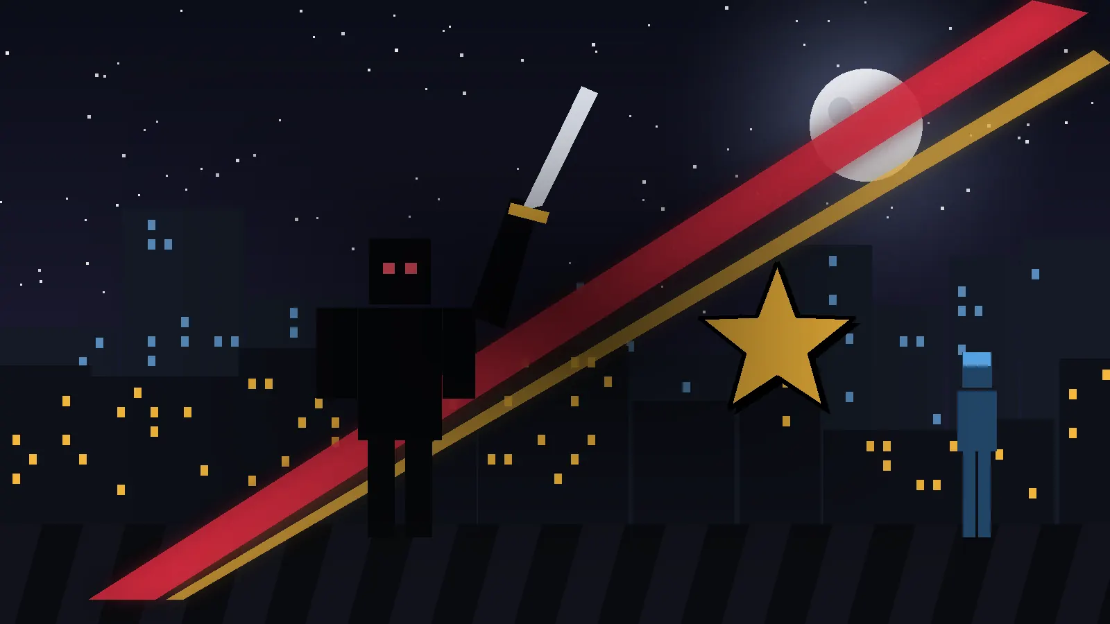 Dark noir scene with a crimson knife slash and a gold sheriff star, representing Murder Mystery 2 roles